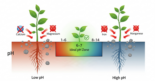 Scientific infographic illustrating a pH scale. It shows nutrient lockout, with nutrients blocked at low and high pH levels. The ideal range of 5.5 to 6.5 is highlighted.