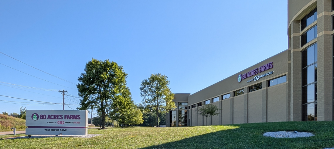 Exterior view of the 80 Acres Farms vertical farming facility in Hamilton, Ohio.