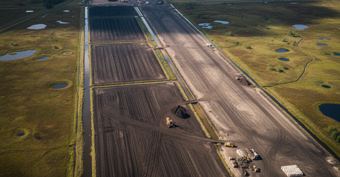 Aerial view of peat extraction site showing environmental impact and carbon-heavy soil layers.
