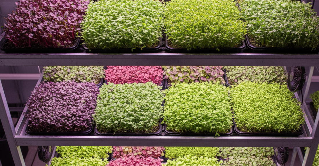 Uniform microgreen growth under ideal light and humidity conditions in a greenhouse.