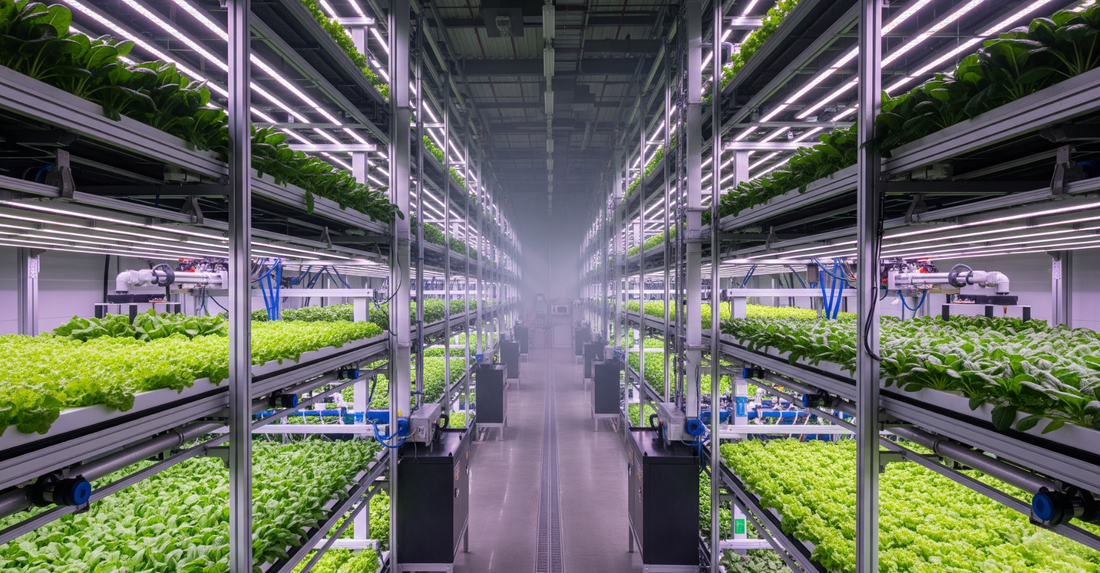 A sleek, high-tech indoor farm with multiple tiers of leafy green plants growing under bright LED lights. The scene is clean and futuristic, with rows of plants extending into the background.