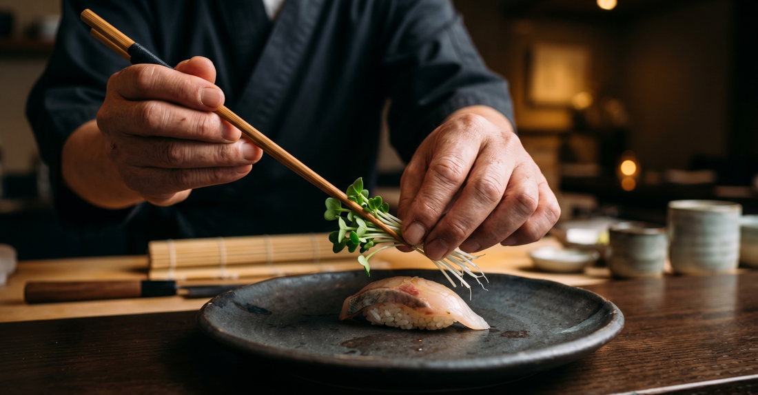 Close-up of a Japanese chef's hands carefully placing a delicate, minimalist cluster of fresh kaiware daikon microgreens onto a piece of nigiri sushi, served on a dark matte ceramic plate in a softly lit, premium restaurant setting.