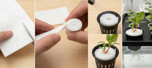 A six-step instructional collage showing how to transform a white bamboo microgreens mat into a hydroponic plug, from cutting the material to seeing a seedling thrive in a hydroponic system.