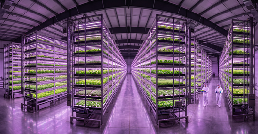 Commercial vertical farming facility with multi-tiered hydroponic racks of leafy greens under purple LED grow lights, featuring two technicians in cleanroom suits.