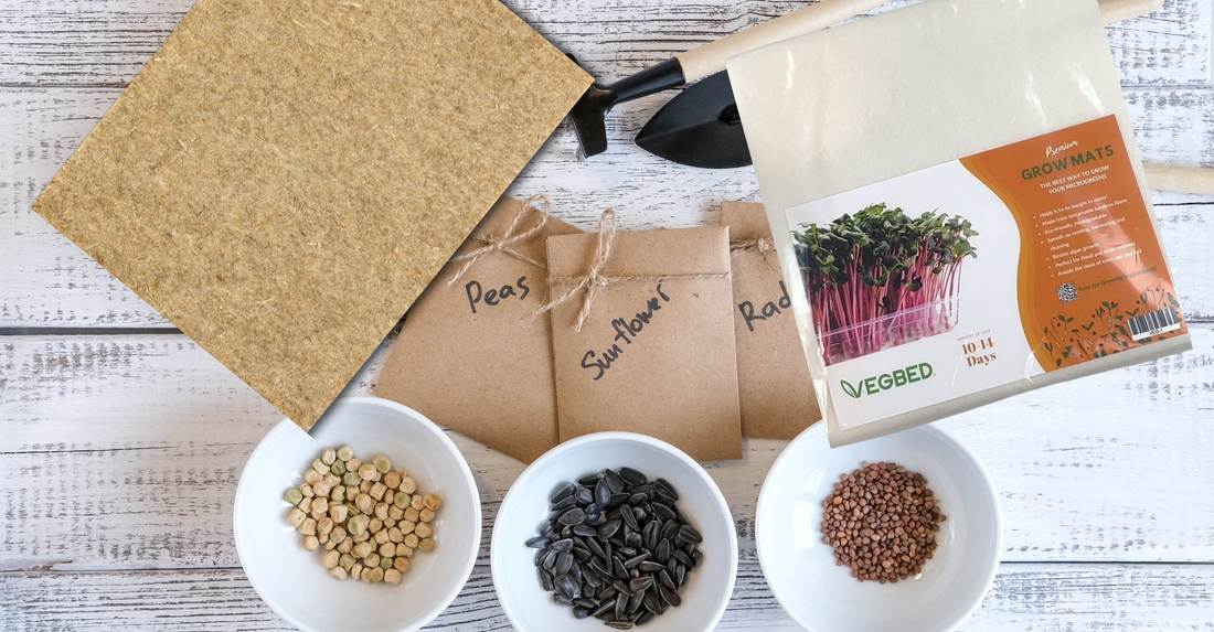 Hemp and bamboo grow mats side by side with seeds and other growing tools on a workspace.