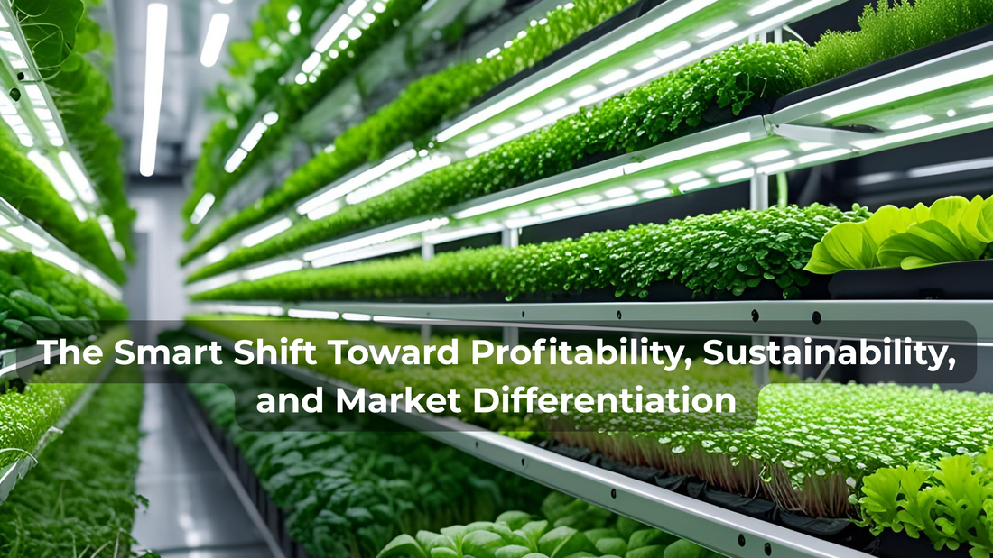 Sustainable vertical farm using eco-friendly growing mats to cultivate microgreens and leafy greens in an energy-efficient indoor environment.