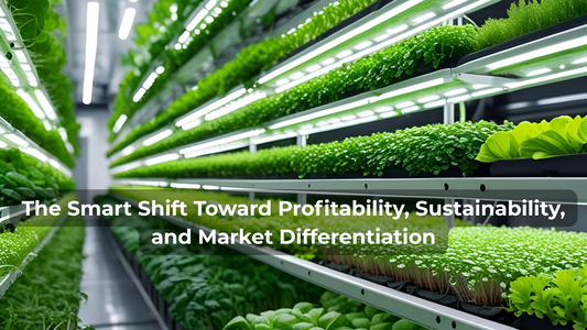 Sustainable vertical farm using eco-friendly growing mats to cultivate microgreens and leafy greens in an energy-efficient indoor environment.
