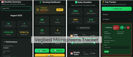 Screenshots of the Vegbed Microgreen Tracker app showing tray management, crop logs, checklists, and sales tracking features for growers.