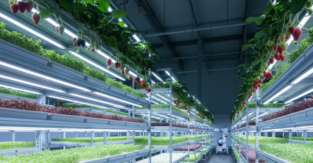Rows of microgreens and hanging berries growing under LED lights in a modern indoor vertical farm.