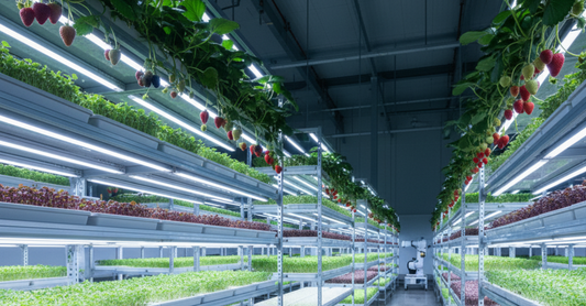 Rows of microgreens and hanging berries growing under LED lights in a modern indoor vertical farm.