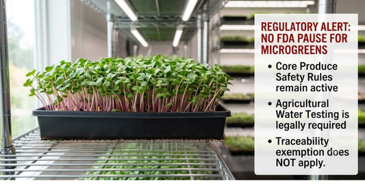 Microgreens growing under LED lights, with text overlay reading "Regulatory Alert: No FDA Pause for Microgreens.