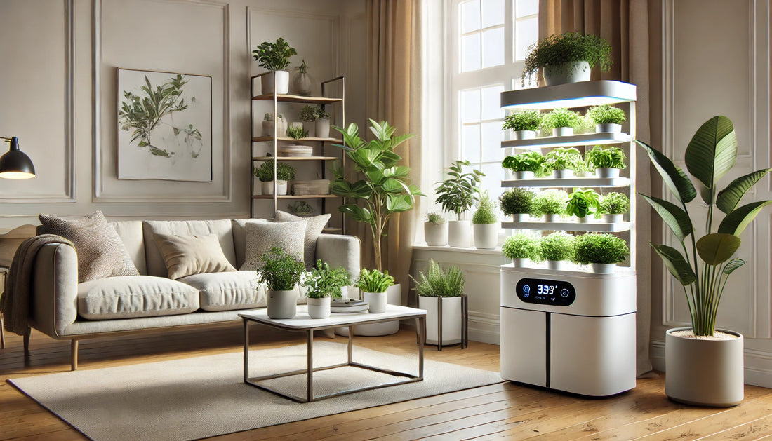An AeroGarden system growing fresh herbs and vegetables with LED lighting.