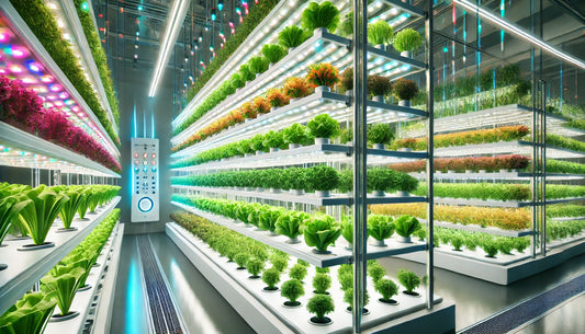 High-tech vertical farm with multiple layers of crops using LED lights for sustainable urban agriculture.
